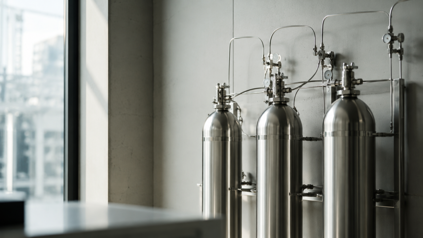 Row of compressed gas sample bottles