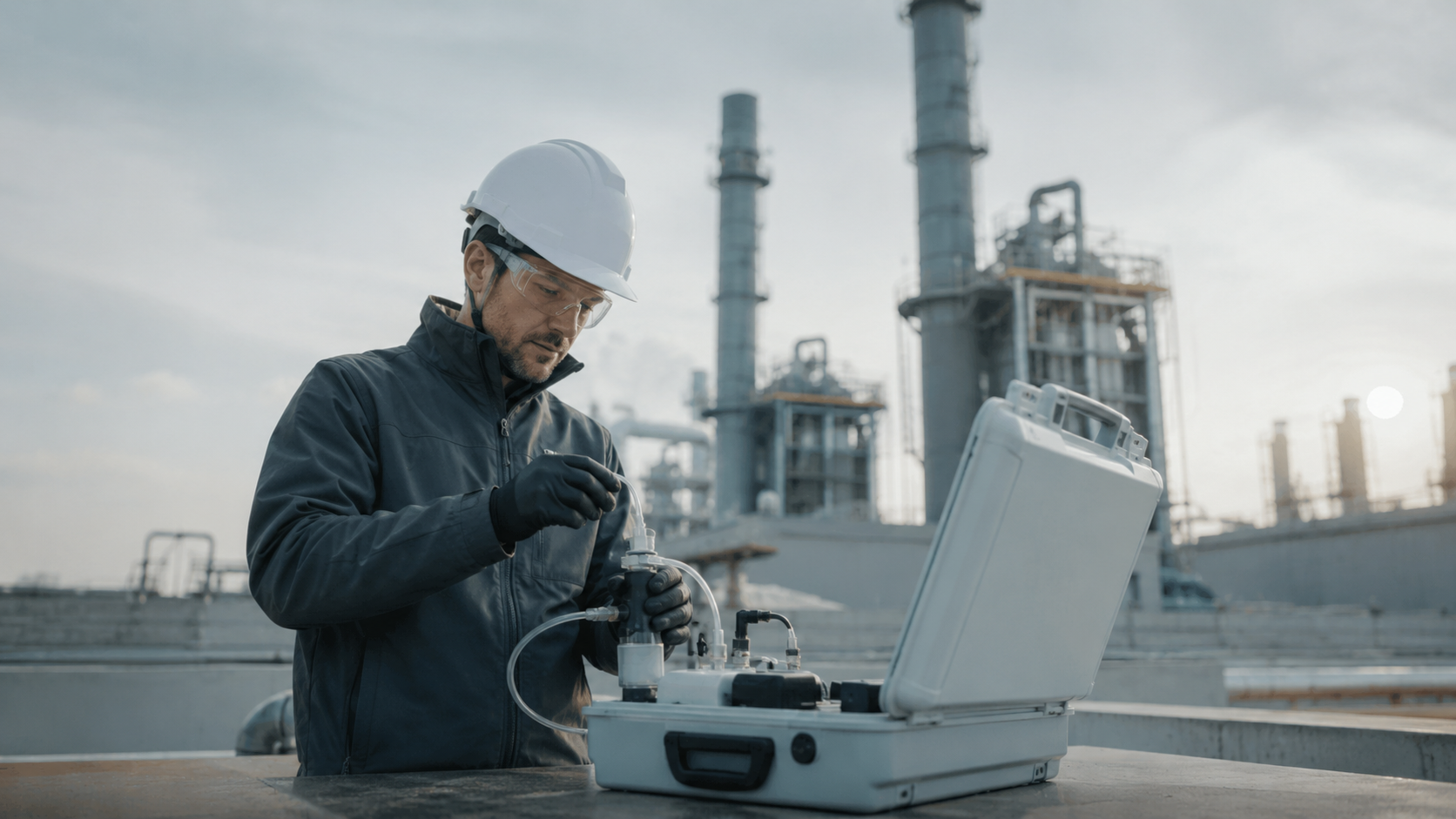Engineer taking a gas sample on an industrial site
