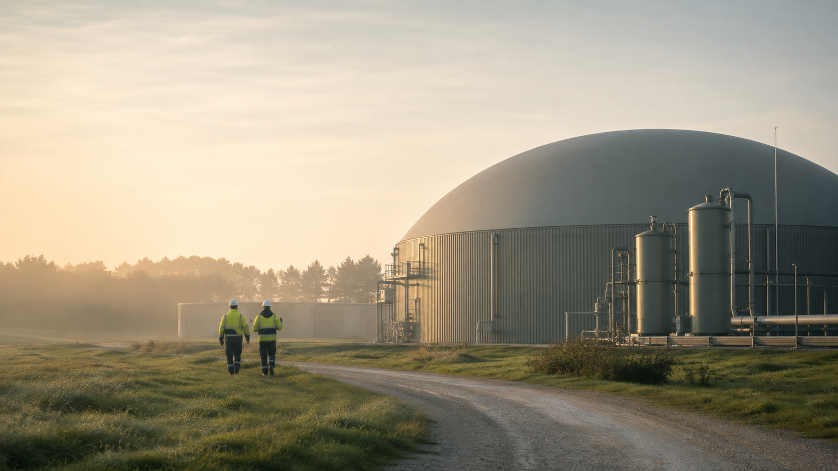Biogas dome plant at sunrise