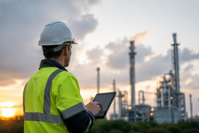 Engineer with a tablet in front of a refinery at dusk